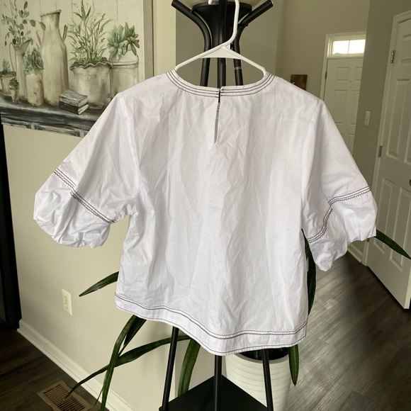 NWT Zara White Puff Sleeve Blouse with Contrast Stitching - Size M - Picture 2 of 4